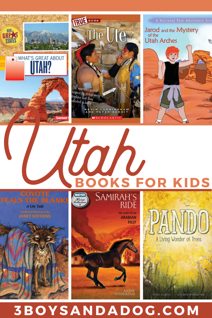 collage of 6 bookcovers from this list of 26 Utah Books for Kids