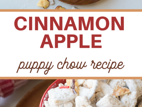 A wooden plate cradles a red bowl brimming with Apples and Cinnamon Puppy Chow, adorned with crisp apple pieces. Nearby, a checkered cloth adds a cozy touch. Text reads CINNAMON APPLE puppy chow recipe.