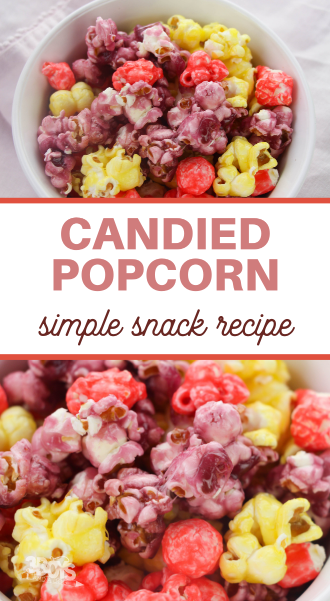 bright pink, purple, yellow candy coated popcorn picture with title bar