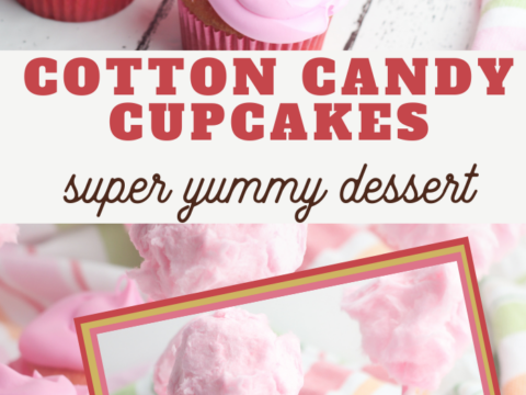Pink cupcakes crowned with fluffy frosting and cotton candy sit on a white wooden table, draped in a colorful striped cloth. Text reads Cotton Candy Cupcakes Recipe and promises a super yummy dessert experience.