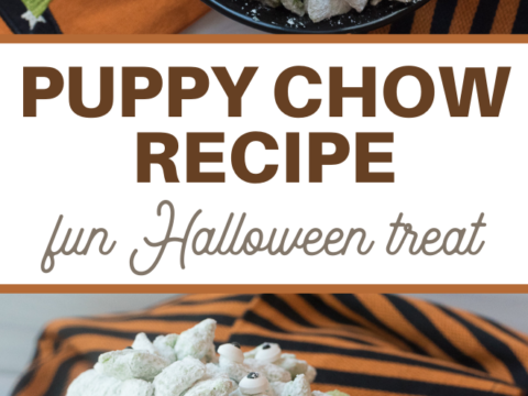 A bowl of Halloween Puppy Chow Recipe snack mix, coated in powdered sugar with candy eyes, sits on a table. The background features a striped orange and black cloth. Text on the image reads Puppy Chow Recipe: Fun Halloween Treat.