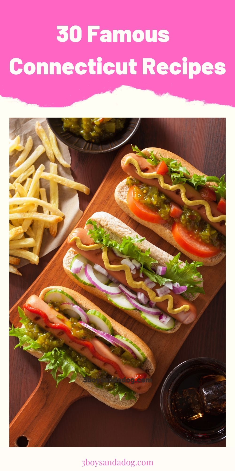 pin of hot dogs on a platter next to french fries with "30 Famous Connecticut Recipes"