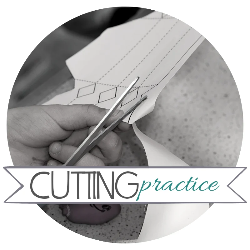A hand holding scissors cuts along a dotted line on paper. The words CUTTING practice are written across the bottom of the circular image.
