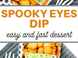 A rectangular tray holds a bowl of green Halloween Eyes Dunkaroo Dip decorated with candy eyeballs, surrounded by round orange cookies. Skeleton hands frame the scene. Text reads Spooky Eyes Dip - easy and fast dessert.