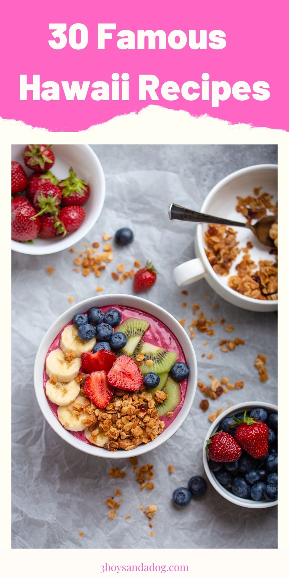 pin with an image of acai bowls for 30 famous Hawaii recipes