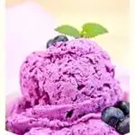 pin image with "30 Famous Idaho Recipes" and a photo of huckleberry ice cream in a white bowl