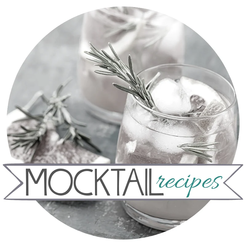 Two glasses filled with a light-colored mocktail, garnished with ice and rosemary sprigs, are presented on a gray surface. The text Mocktail Recipes is overlaid in a stylish font.