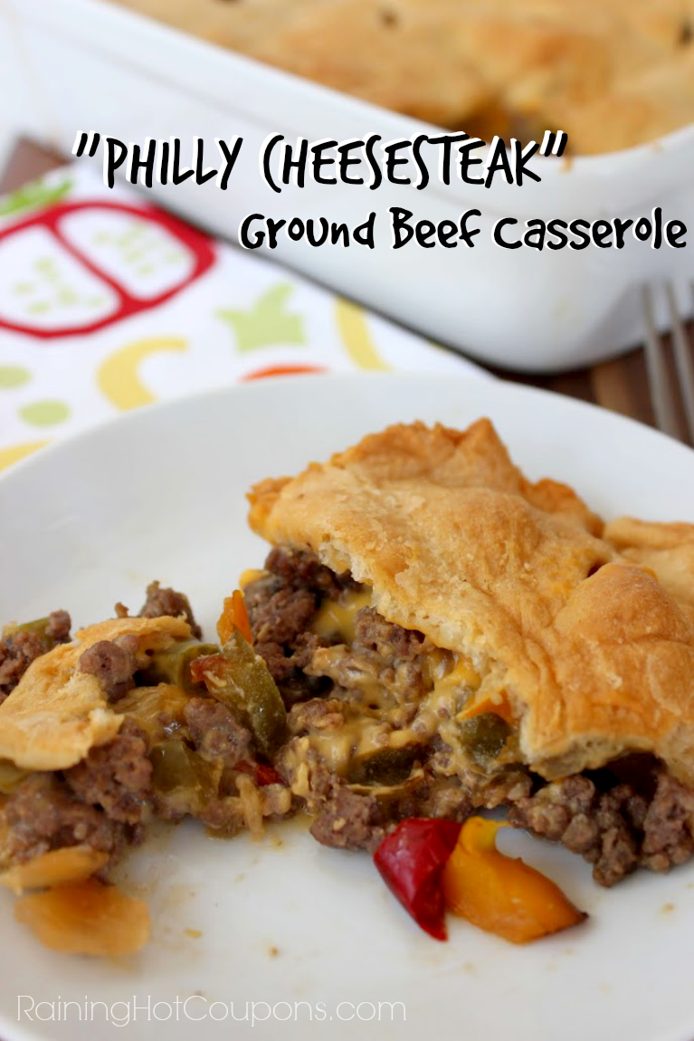 Philly cheesesteak ground beef casserole with a crescent crust
