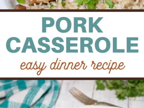 A plate of pork casserole on a bed of rice with beans, garnished with cilantro and sliced tomatoes. Text reads Pork Casserole: easy dinner recipe, perfect for a cozy Halloween. A blue and white checkered cloth adds charm to your festive table.