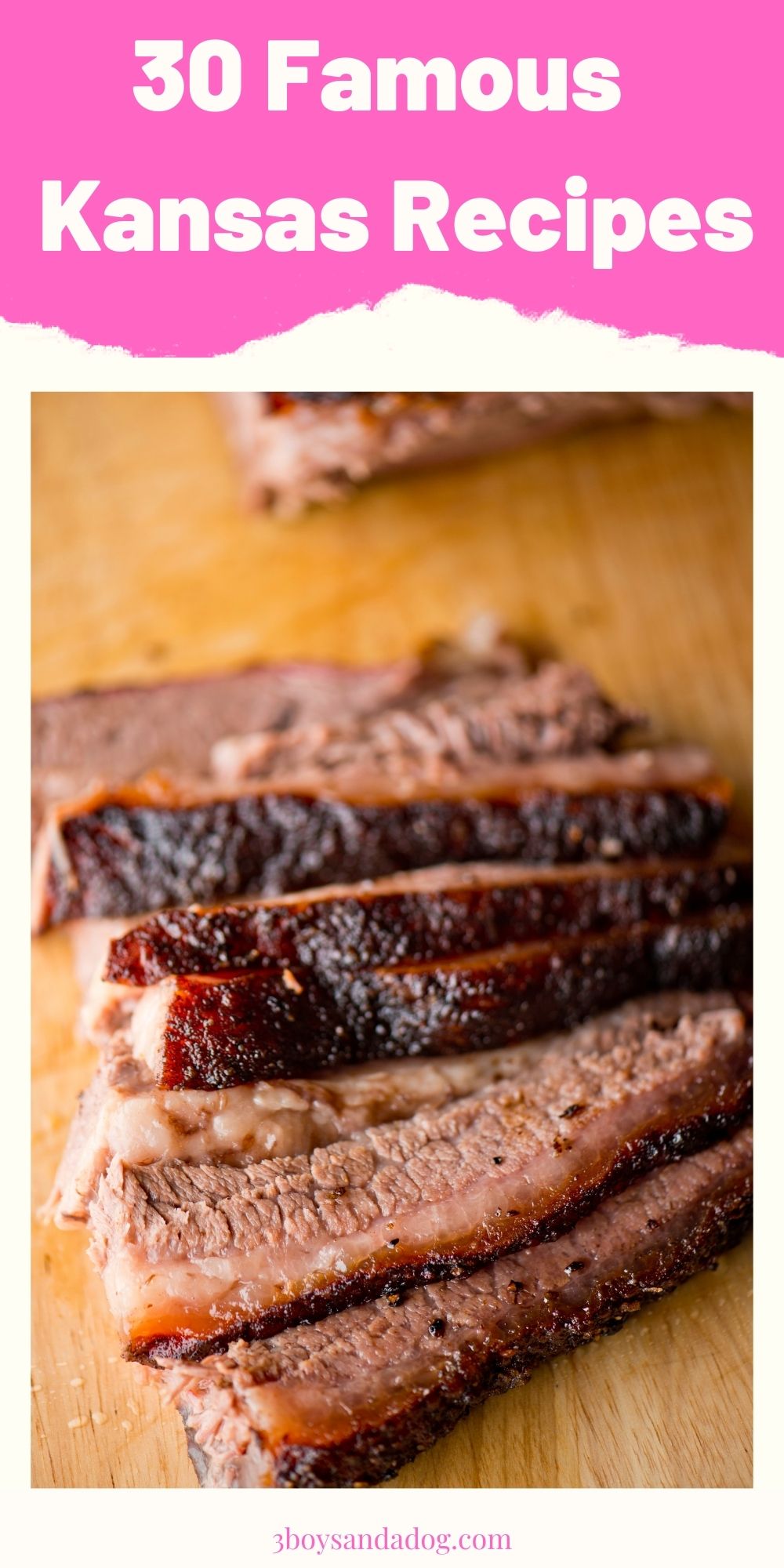 A pin with an image of barbecue beef with "30 Famous Kansas Recipes"