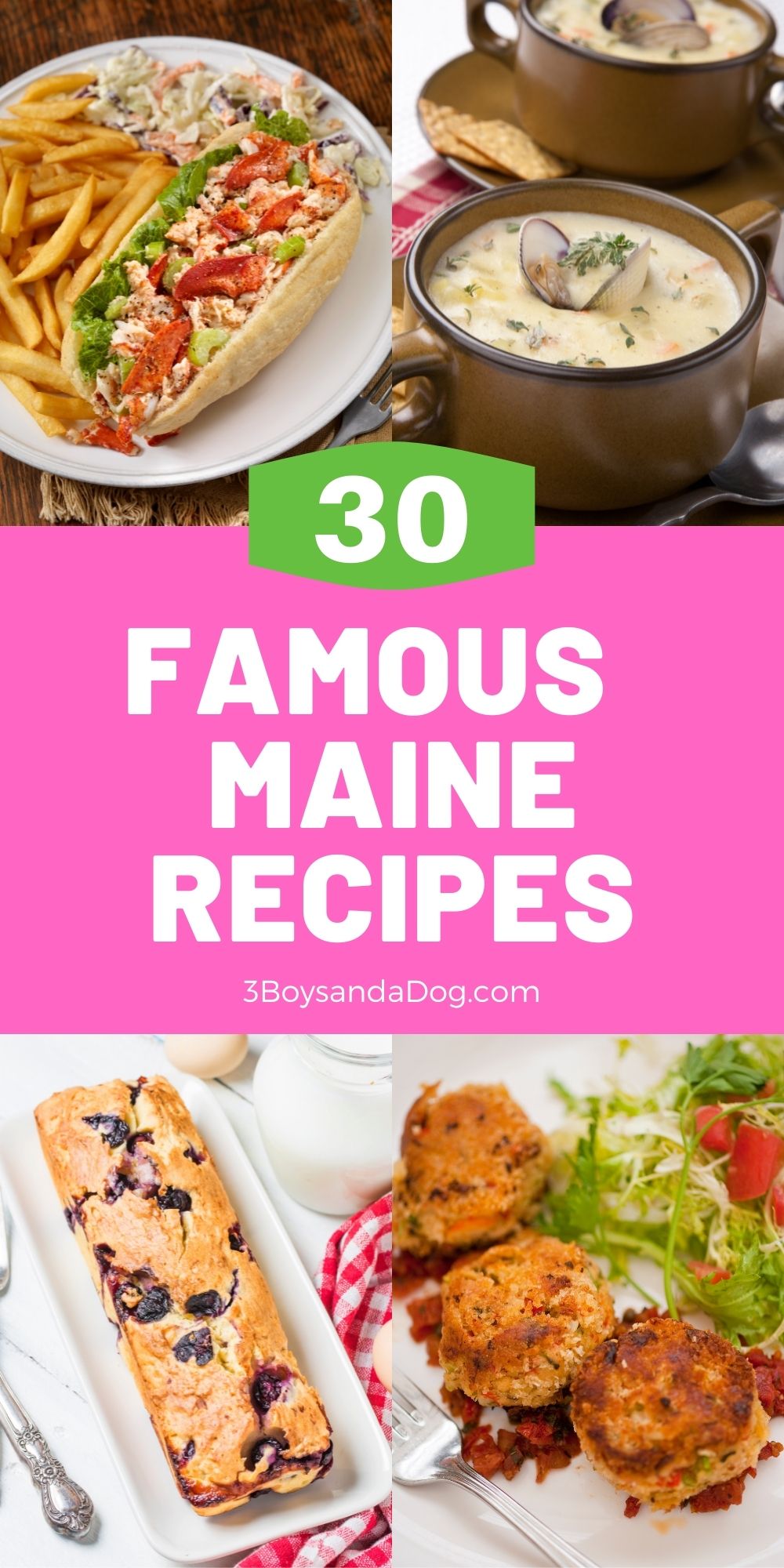 a pin with four photos of famous Maine recipes