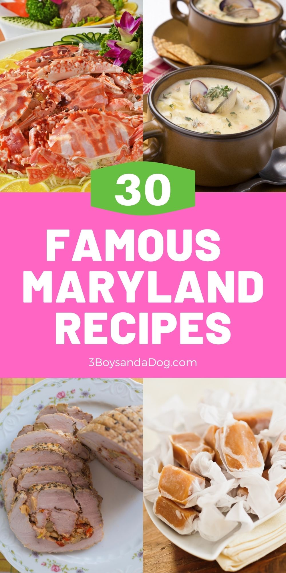 a pin with four images of famous Maryland recipes