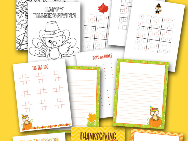 A Thanksgiving activity set featuring coloring pages, tic tac toe, dots and boxes, writing sheets, a word search, bingo, and themed illustrations of pumpkins, leaves, and owls. Website: www.3boysandadog.com.