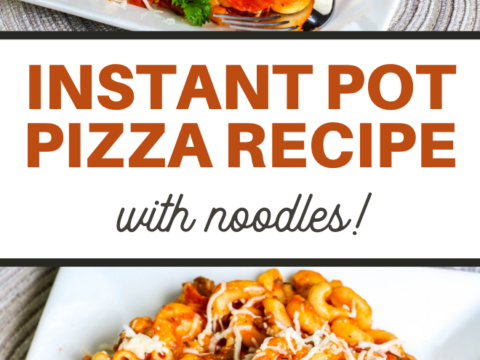 A plate of noodle-based pizza mac and cheese with melted cheese and pepperoni, garnished with parsley. The dish is showcased in front of an Instant Pot. Text reads, INSTANT POT PIZZA MAC AND CHEESE RECIPE with noodles!.