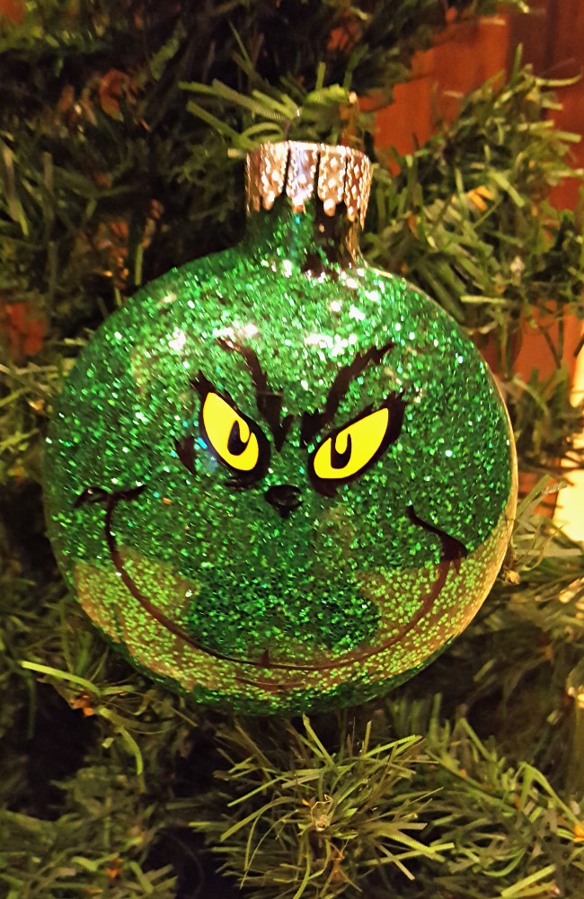 Grinch Ornament Christmas Tree hanging Holiday Gift Green plastic glitter ribbon 