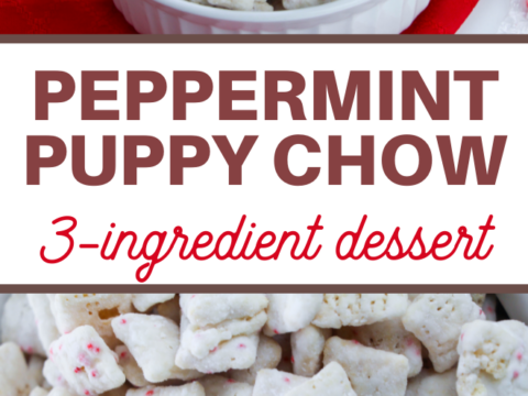 A close-up of peppermint puppy chow in a white bowl on a red cloth, surrounded by peppermint candies. Text reads PEPPERMINT PUPPY CHOW RECIPE: A 3-ingredient dessert.