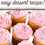 pin image that reads sugar plum cupcakes easy dessert recipe with frosted cupcakes
