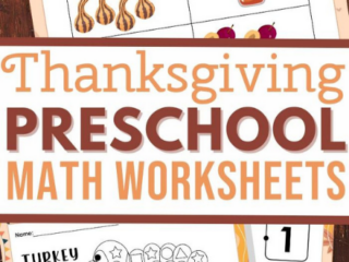 A collage of Thanksgiving-themed math printables for preschoolers showcases engaging activities like pumpkin graphics, turkey coloring, and number tracing. The text reads Thanksgiving Preschool Math Worksheets.