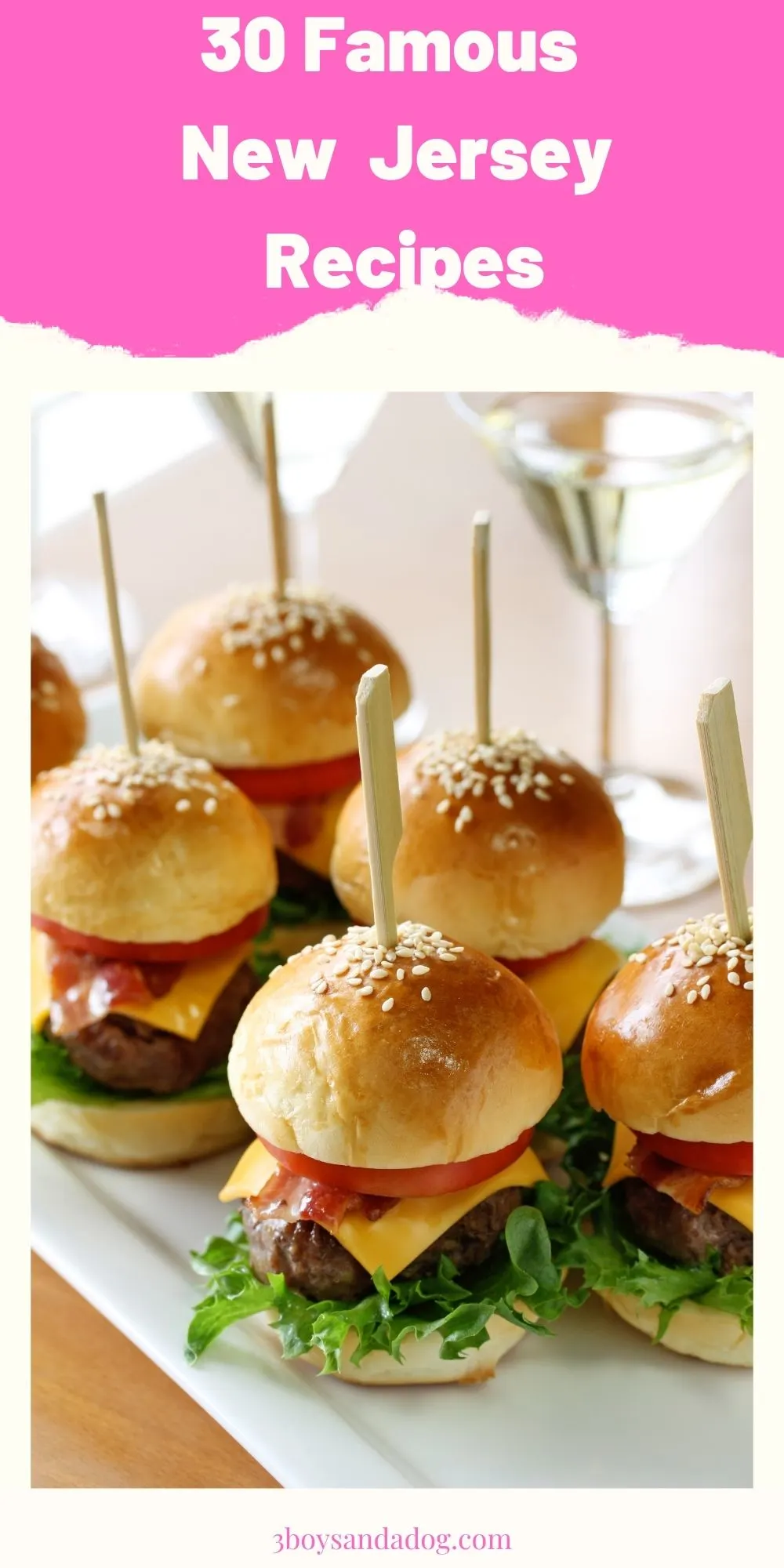 extra pin with slider burgers on a white plate for famous New Jersey recipes