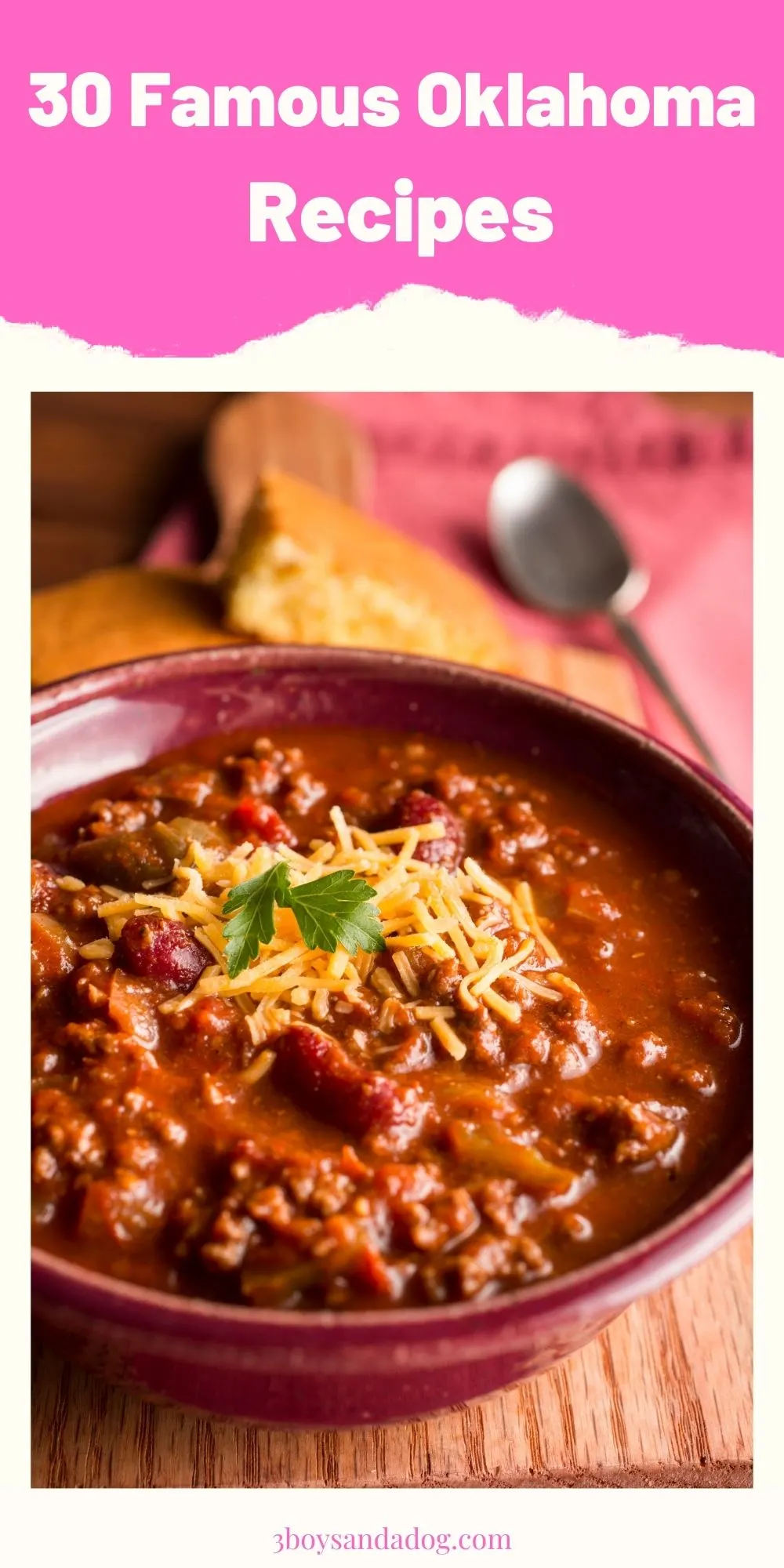 extra pin of famous Oklahoma recipes with an image of chili in a bowl