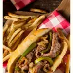 extra pin with an image of a Philly cheesesteak sandwich