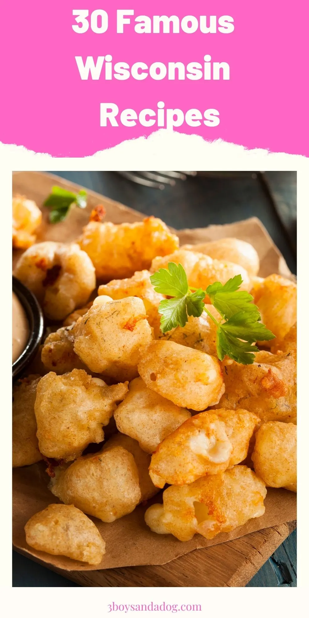 extra pin with image of fried cheese curds for famous Wisconsin recipes