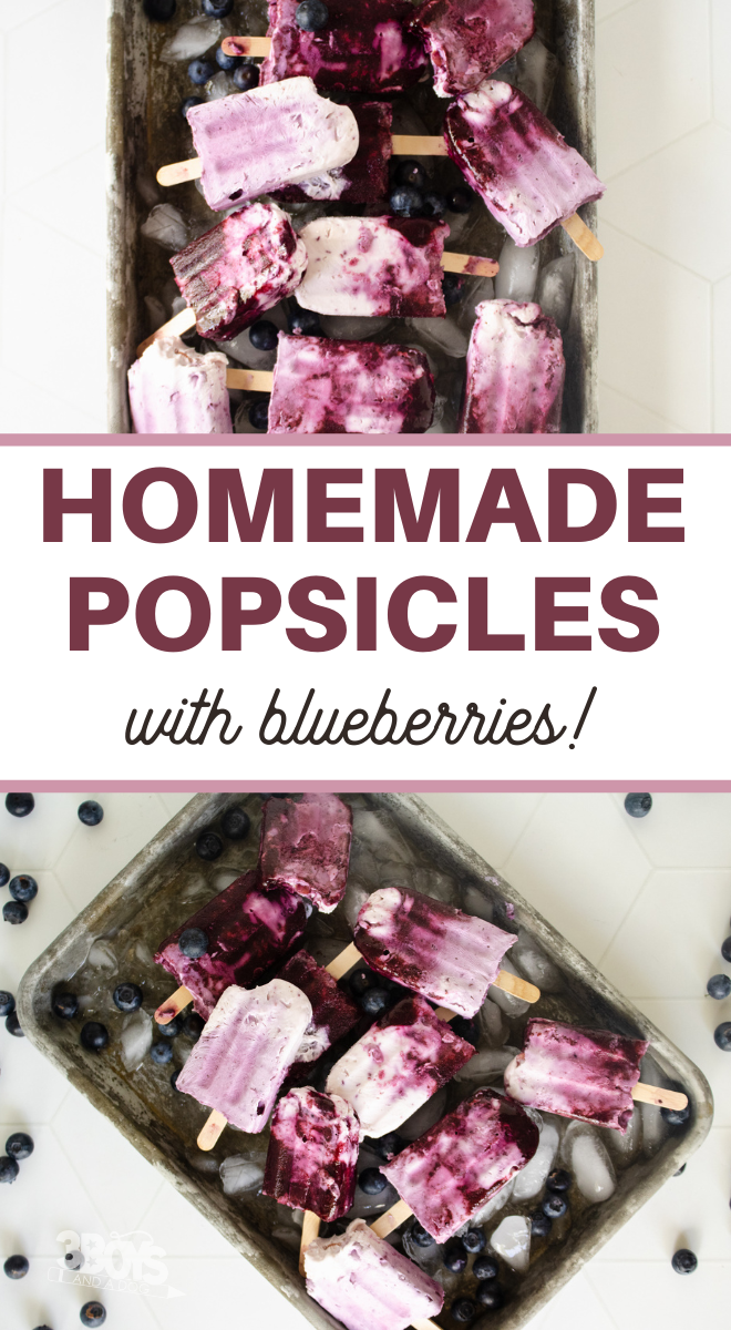 pin image that reads homemade popsicles with blueberries and images of popsicles on baking sheets