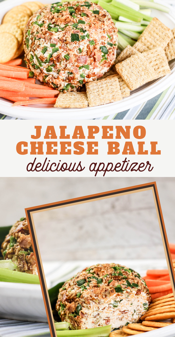 pin image that reads jalapeno cheese ball delicious appetizer with picture of cheese ball on a platter