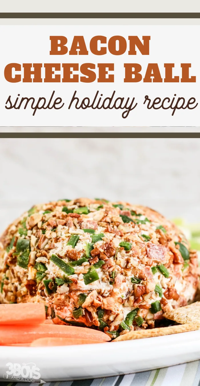 pin image that reads bacon cheese ball simple holiday recipe with picture of cheese ball on a white platter 