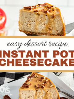 feature image that reads instant pot cheesecake easy dessert recipe with cheesecake slices above and below the words