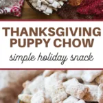 pin image that reads thanksgiving puppy chow simple holiday snack with bowls of puppy chow