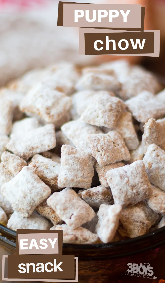 pin image that reads puppy chow easy snack with bowl of puppy chow