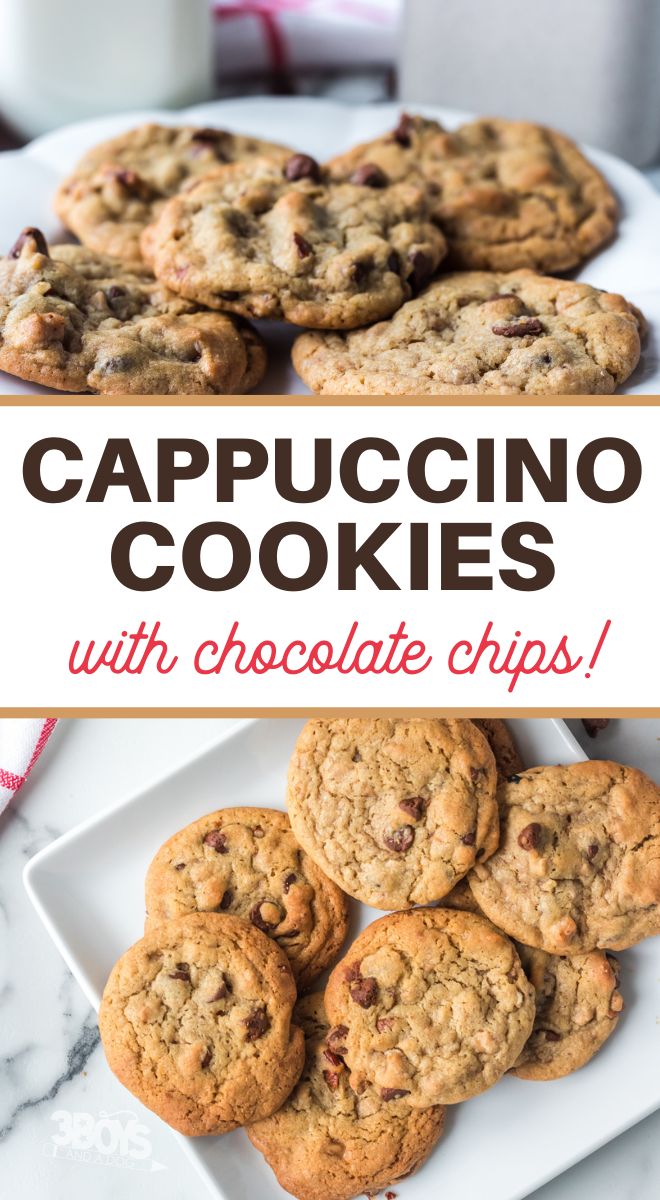 cappuccino cookies with chocolate chips pin image with pictures of baked cookies above and below the words