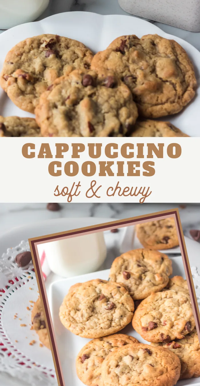 cappuccino cookies soft and chewy with images of baked cookies above and below the wording 