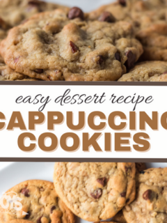 easy dessert recipe cappuccino cookies with baked cookies above and below the words