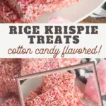 pin image that reads rice krispie treats cotton candy flavored with cut squares on plates