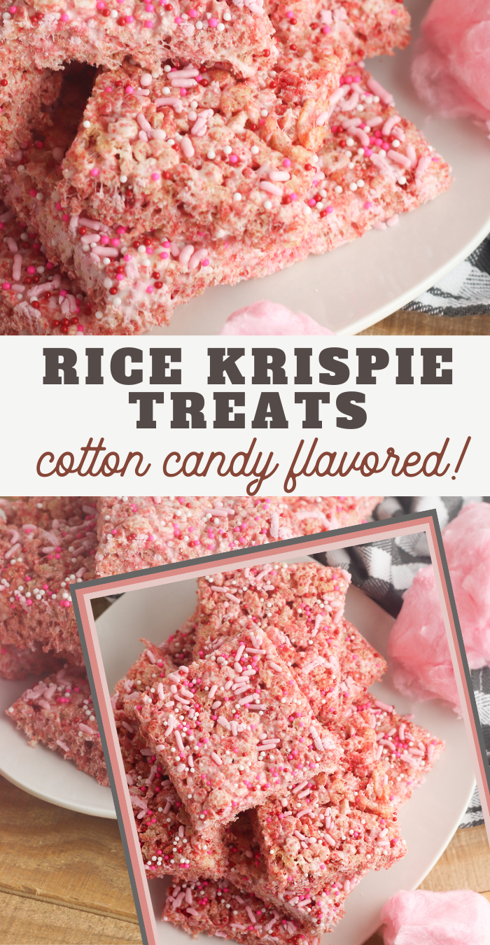 pin image that reads rice krispie treats cotton candy flavored with cut squares on plates