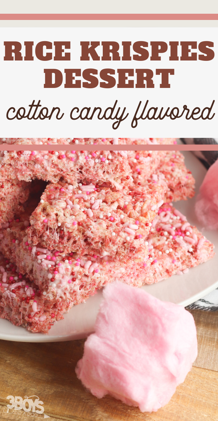 pin image that reads rice krispies dessert cotton candy flavored with pink rice krispies on a plate