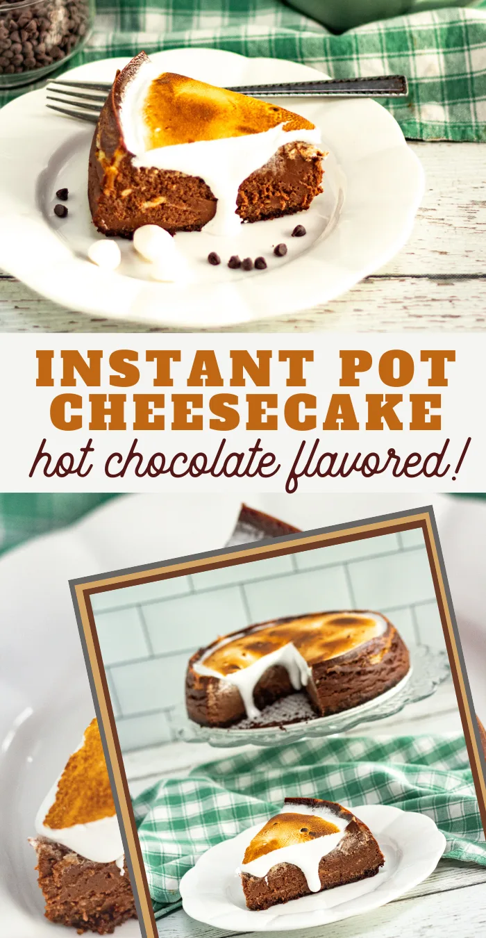 pin image that reads instant pot cheesecake hot chocolate flavored with slices of cheesecake on a white plate