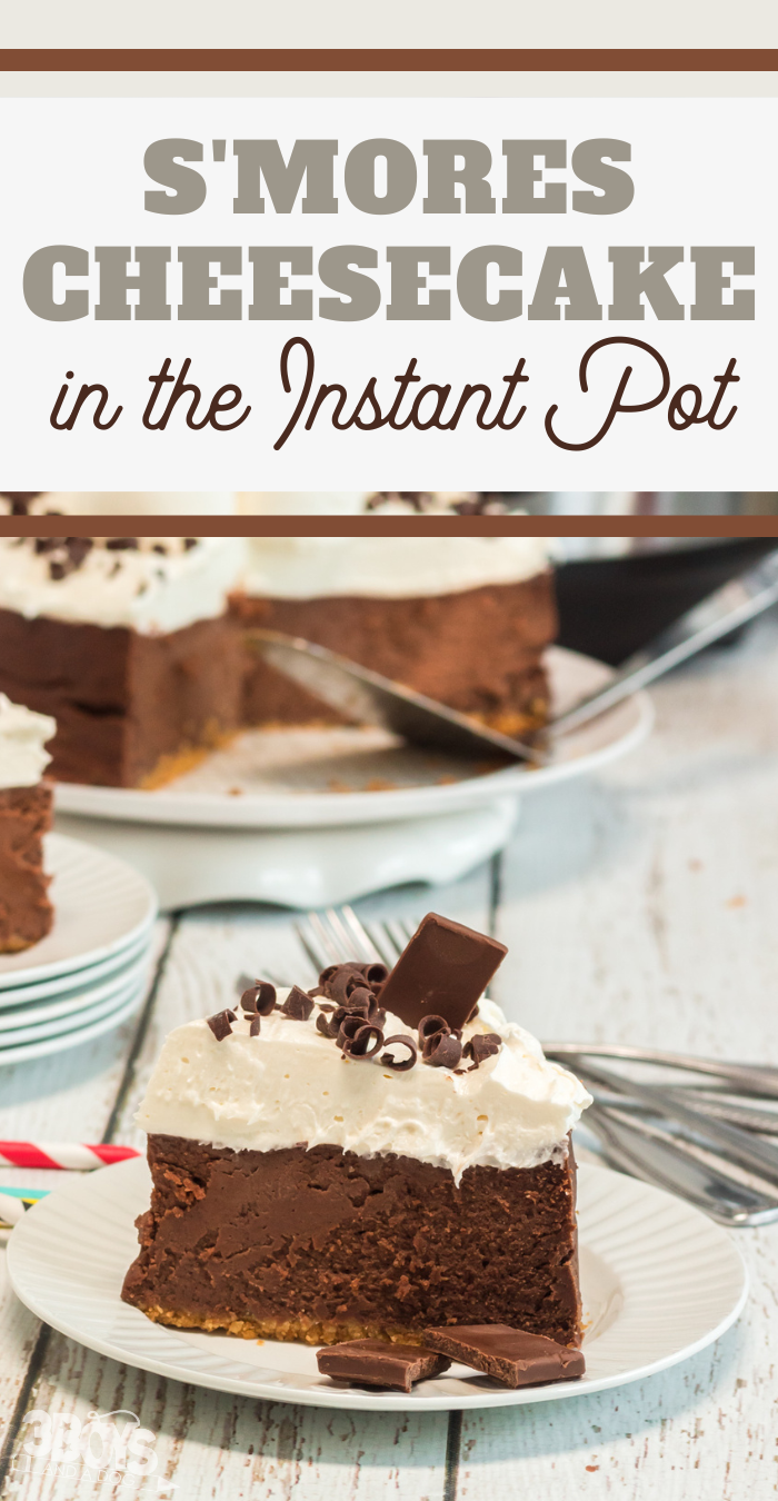 pin image that reads s'mores cheesecake in the instant pot with a slice of cheesecake on a white circle plate