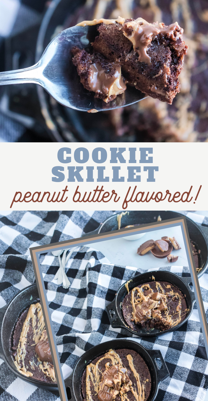pin image that reads cookie skillet peanut butter flavored with skillet cookie 