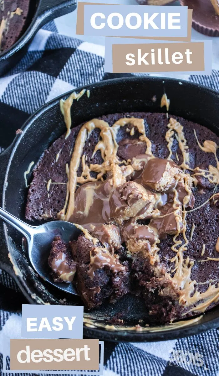 pin image that reads cookie skillet easy dessert with a picture of cookie skillet with peanut butter drizzled on top