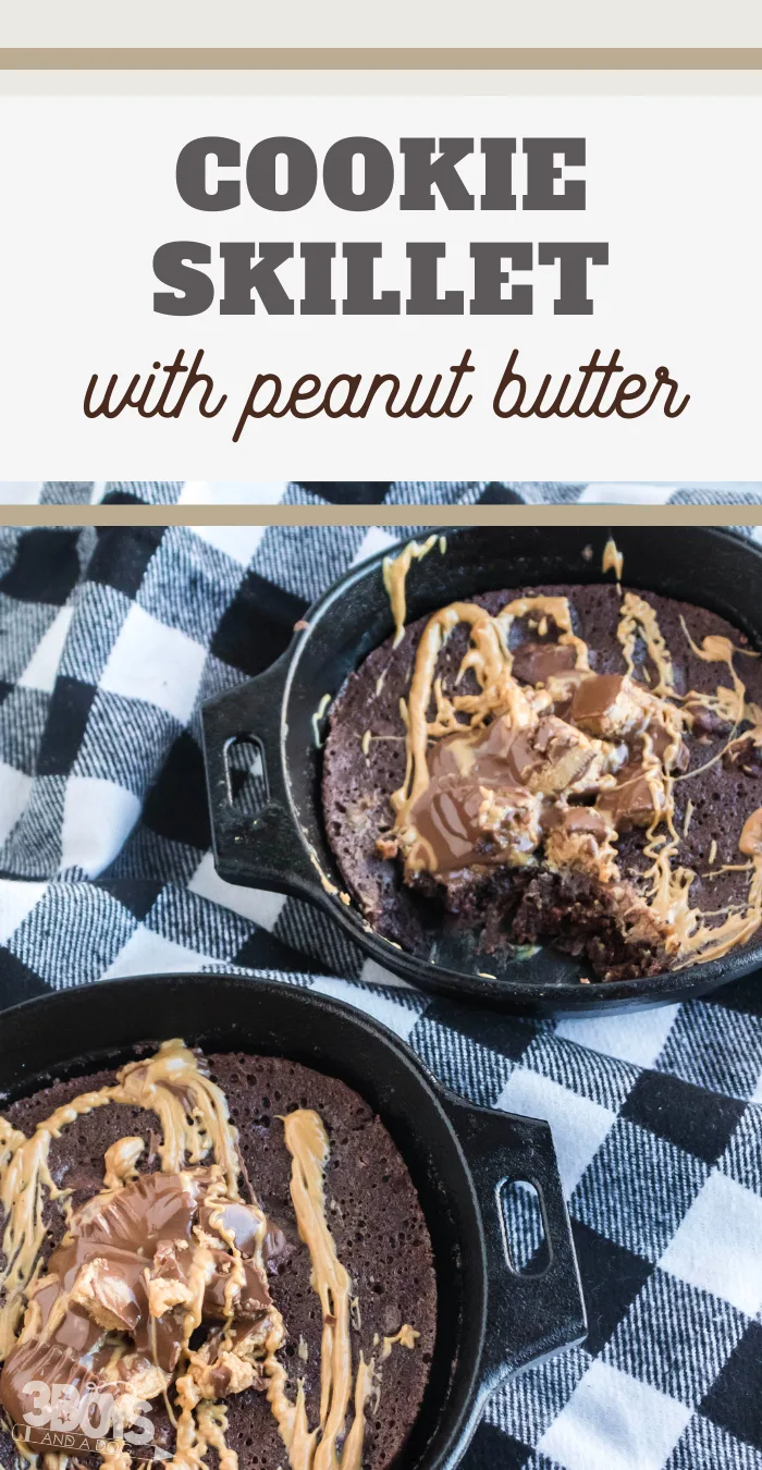 pin image that reads cookie skillet with peanut butter with picture of two cookies in skillets