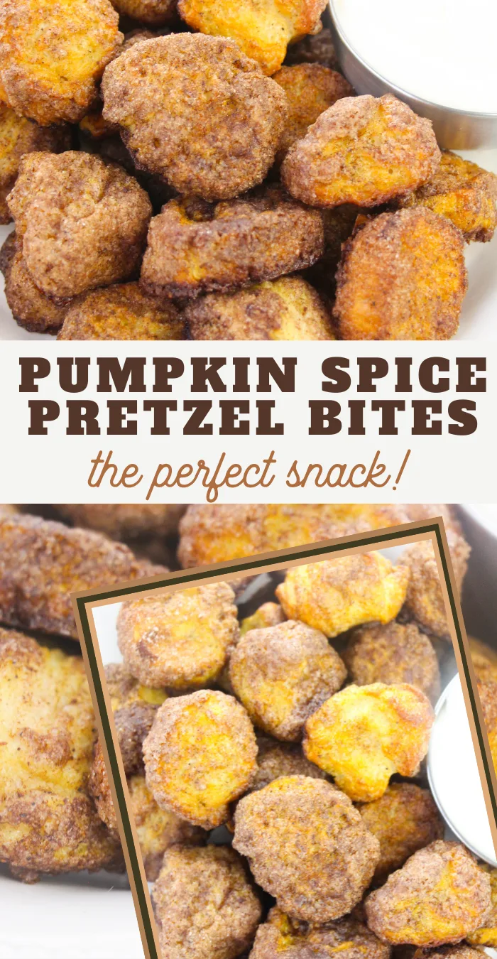pin image that reads pumpkin spice pretzel bites, the perfect snack! with images of baked pretzel bites
