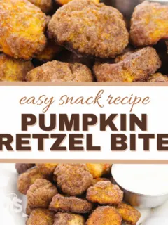 feature image that reads pumpkin pretzel bites, easy snack recipe with images of pretzel bites above and below the words