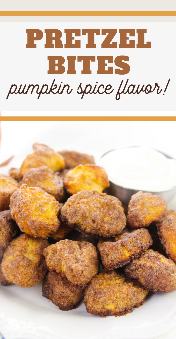pin image that reads pretzel bites, pumpkin spice flavor! with pretzel bites on a white plate with dipping sauce 