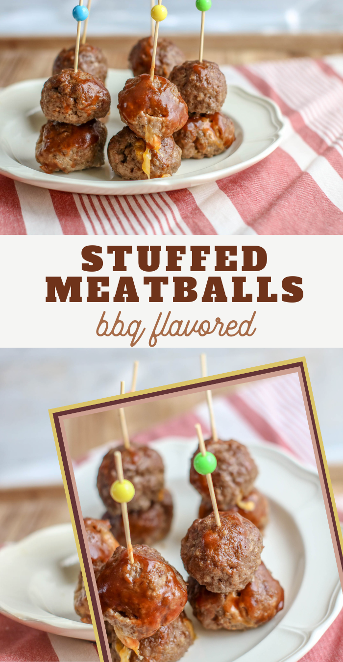 split picture with a plate of meatballs on top and a close up of meatballs and toothpicks below - reads stuffed meatballs bbq flavored