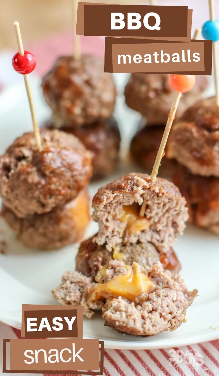 BBQ meatballs easy snack - meatballs on a white plate with toothpicks in the center 