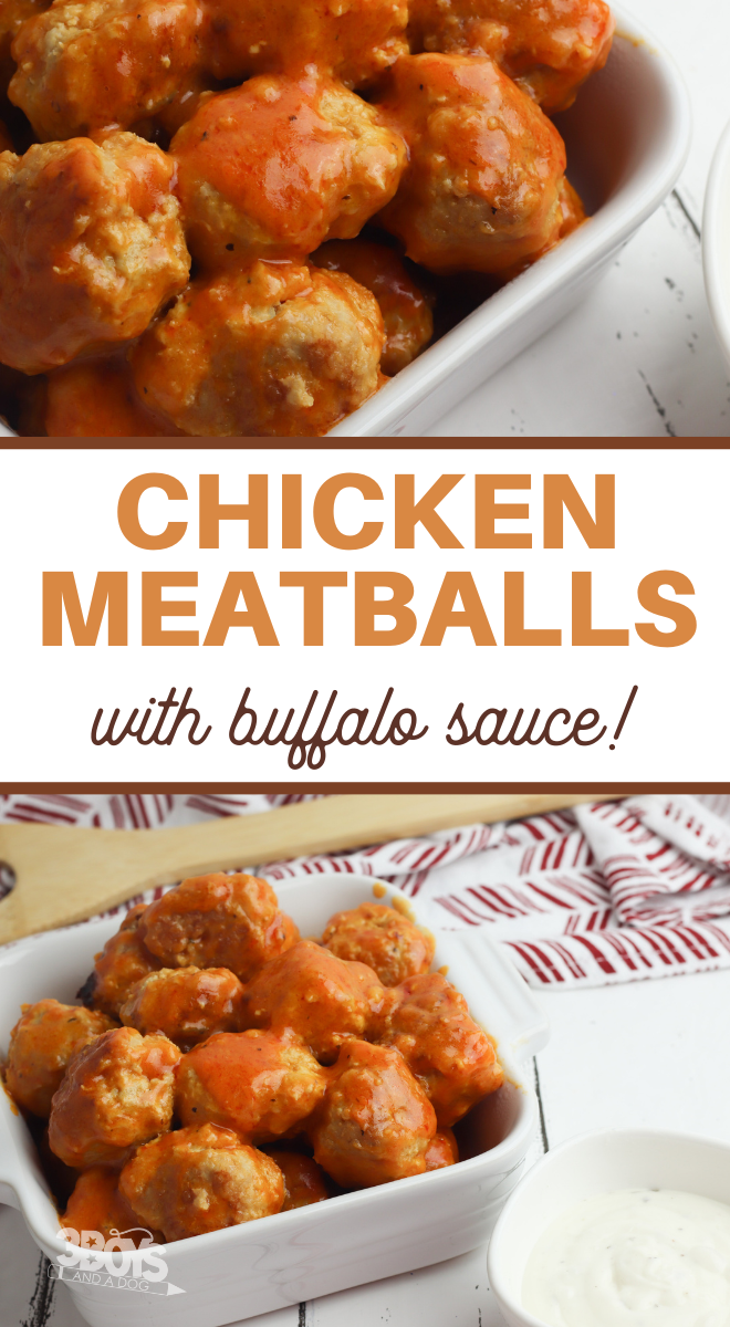 chicken meatballs with buffalo sauce pin image with pictures of meatballs on the top and bottom half 
