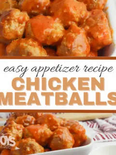 easy appetizer recipe chicken meatballs with images of meatballs above and below wording